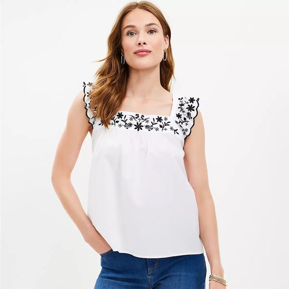NWT Loft Embroidered White Top with Black Floral Design